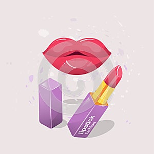 vector make-up kit, lipstick with a cap, plump lips, bright makeup