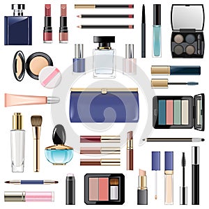 Vector Makeup Cosmetics with Blue Cosmetic Bag