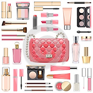 Vector Makeup Cosmetics with Pink Handbag