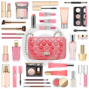 Vector Makeup Cosmetics with Pink Handbag photo
