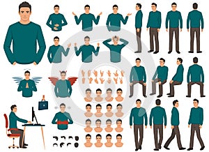 Vector man character casual poses set in flat style. Full length, gestures, emotions, front, side, back view.