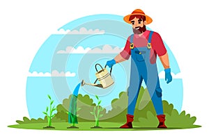 Vector man farmer agrarian watering green seedling