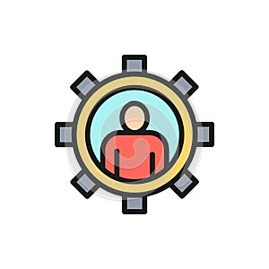 Vector man with gear, engineer, tech worker flat color line icon.