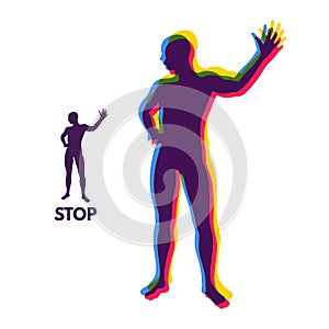 Vector man with hand up to stop. Human showing stop gesture. Silhouette of a standing man. Vector illustration