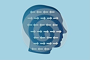 Vector of a man head with arrows inside going in opposite directions.