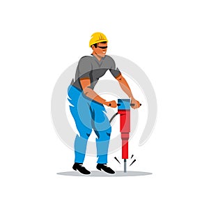 Vector Man with Jackhammer Cartoon Illustration.