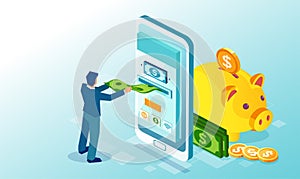 Vector of a man making money deposit using mobile app on a smart phone