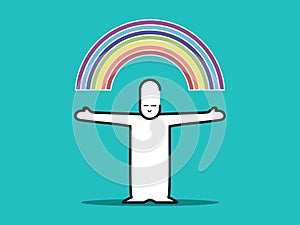 Vector : man open arm with rainbow above hand on blue background