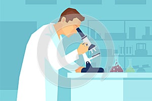 Vector of a man scientist or clinical pathologist looking into a microscope