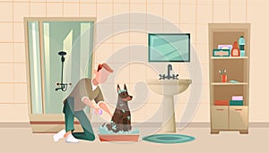 Vector of a man shampooing washing his dog
