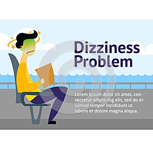 A vector of a man on a ship with motion sickness and dizziness. A color image for a travel poster, flyer or article