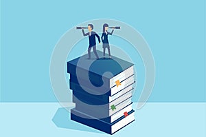 Vector of a man and a woman looking through a spyglass in opposite directions standing on stack of books