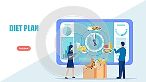 Vector of a man and woman using diet app showing nutrition facts and diet plan