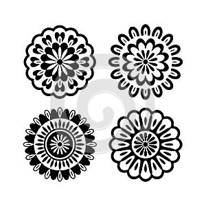 Four black and white floral mandala designs pattern