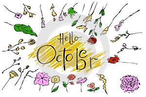 Vector Manual Hand Draw Sketch Lettering, Hello Hi October, with flower leaf, and grass