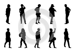Vector many people walking collection, Man and women silhouette set