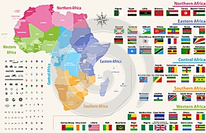 vector map of Africa continent colored by regions. All flags of African countries arranged in alphabetical order