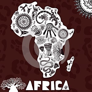 Vector map of Africa with ethno pattern, tribal background. Vector illustration of Africa on panther skin background