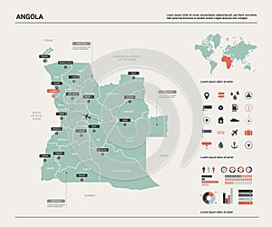 Vector map of Angola .  High detailed country map with division, cities and capital Luanda. Political map,  world map, infographic