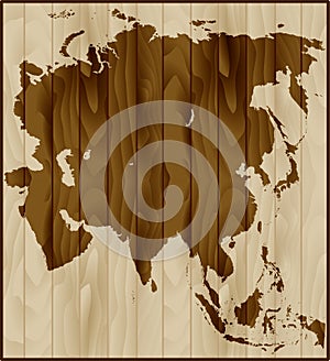 Vector map of Asia on wood background