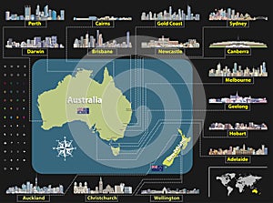 Vector map of Australia and New Zealand with largest city skylines.