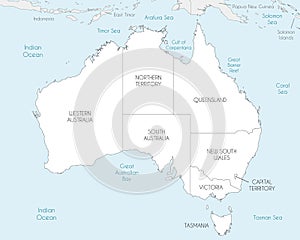 Vector map of Australia with regions and administrative divisions, and neighbouring countries and territories.