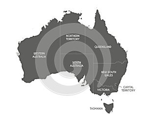 Vector map of Australia with regions or territories and administrative divisions.