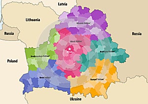 Vector map of Belarus regions colored by administrative districts with neighbouring countries and territories