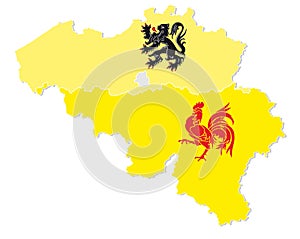 Vector map of Belgium with the three regions Flemish, Wallonia and the capital Brussels in flag shape