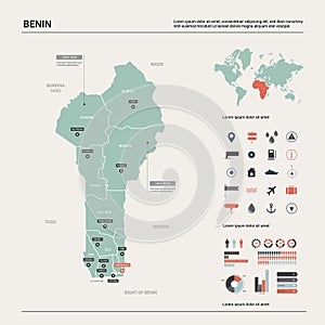 Vector map of Benin.  High detailed country map with division, cities and capital  Porto Novo. Political map,  world map,