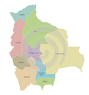 Vector map of Bolivia with departments and administrative divisions.