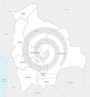 Vector map of Bolivia with departments and administrative divisions, and neighbouring countries.