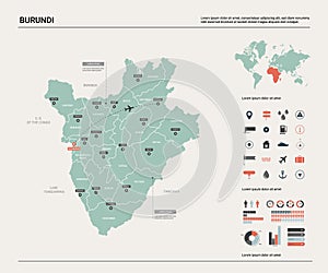 Vector map of Burundi.  High detailed country map with division, cities and capital Bujumbura. Political map,  world map,