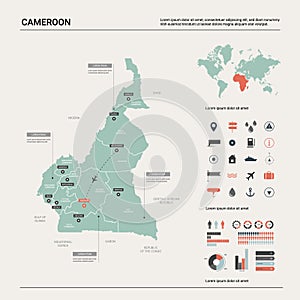 Vector map of Cameroon. High detailed country map with division, cities and capital Yaounde. Political map,  world map,