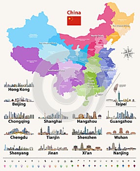 Vector map of China provinces colored by regions with largest city skylines.