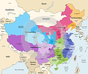 Vector map of China provinces colored by regions with neighbouring countries and territories