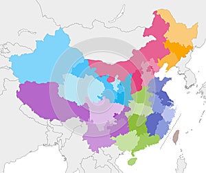 Vector map of China provinces colored by regions with neighbouring countries and territories