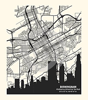 Vector map of the city of Birmingham, Alabama, United States. Black and white