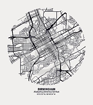 Vector map of the city of Birmingham, Alabama, United States. Black and white