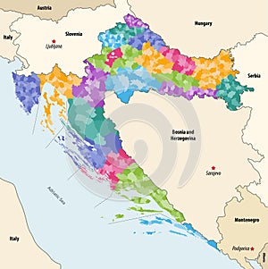 Vector map of Croatia municipalities colored by counties with neighbouring countries and territories