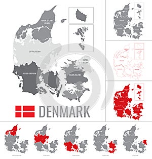 Vector map of Denmark regions with flag on white background