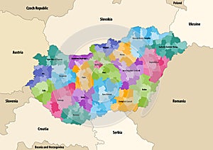 Vector map of districts of Hungary colored by counties with neighbouring countries and territories