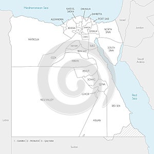 Vector map of Egypt with governorates or provinces and administrative divisions, and neighbouring countries.