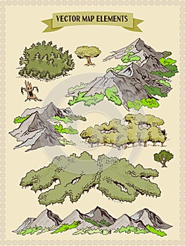 Vector map elements, colorful, hand draw - forest, tree, wood 1