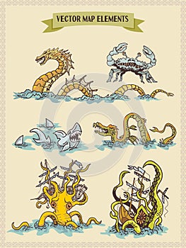 Vector map elements, colorful, hand draw - sea monsters and fantasy creatures for pirate treasure map