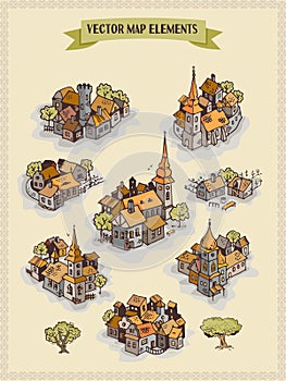 Vector map elements, colorful, hand draw - settlement, city, village