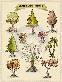 Vector map elements, colorful, hand draw - trees and vegetation design stock elements