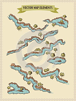 Vector map elements, colorful, hand draw - water, rivers, lakes, islands