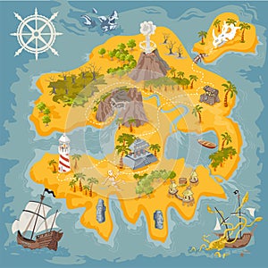 Vector map elements of fantasy pirate island in colorful illustration and hand draw of mystery realm