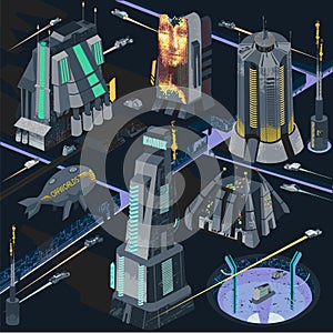 Vector map elements of futuristic neo noir city in colorfule dystopia illustration cyberpunk scene photo